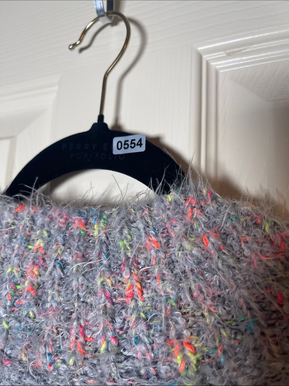 Free People Gray Fuzzy Crewneck Sweater with Pastel Multicolor Trim - Picture 7 of 8
